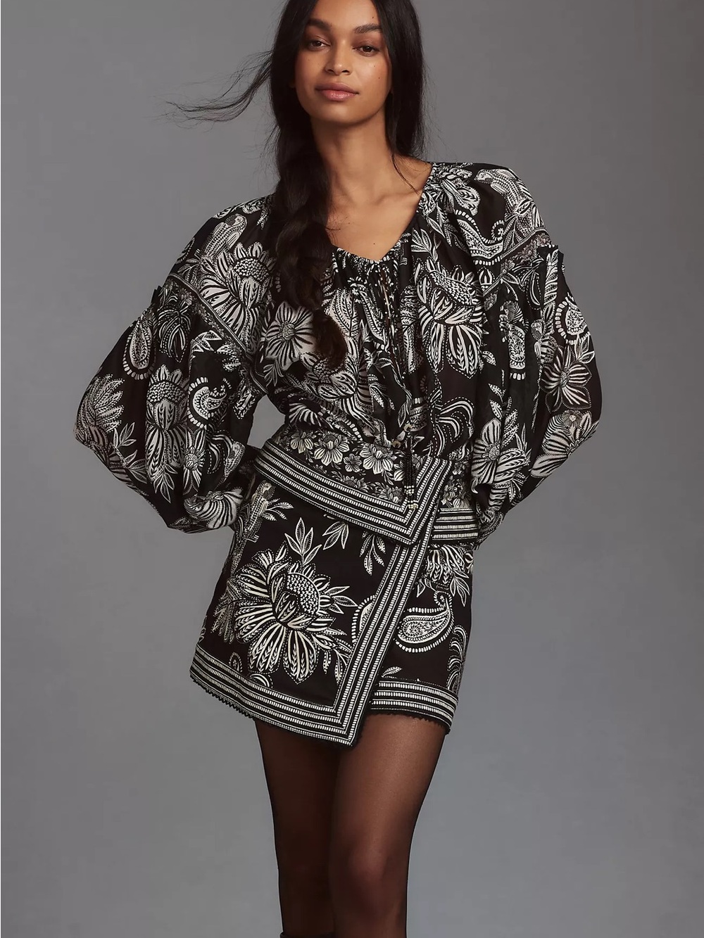 Farm Rio Black and White Paisley Bloom Cotton Miniskirt Skirt